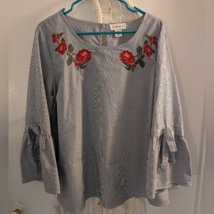 Liz Claiborne Striped Floral Embroidered Summer Women's Top